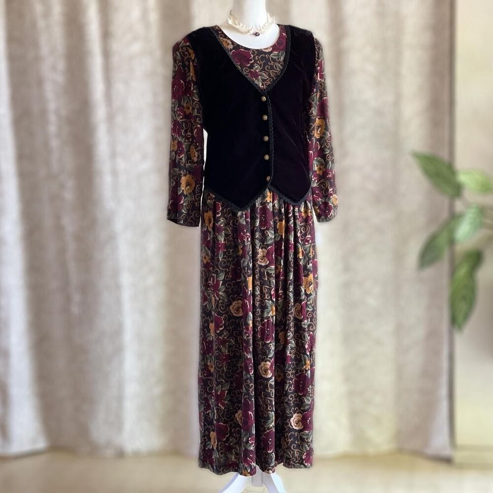 NWT Vintage 90s Studio C Floral‎ Maxi Velvet Vest Dress Schoolteacher Size 14M